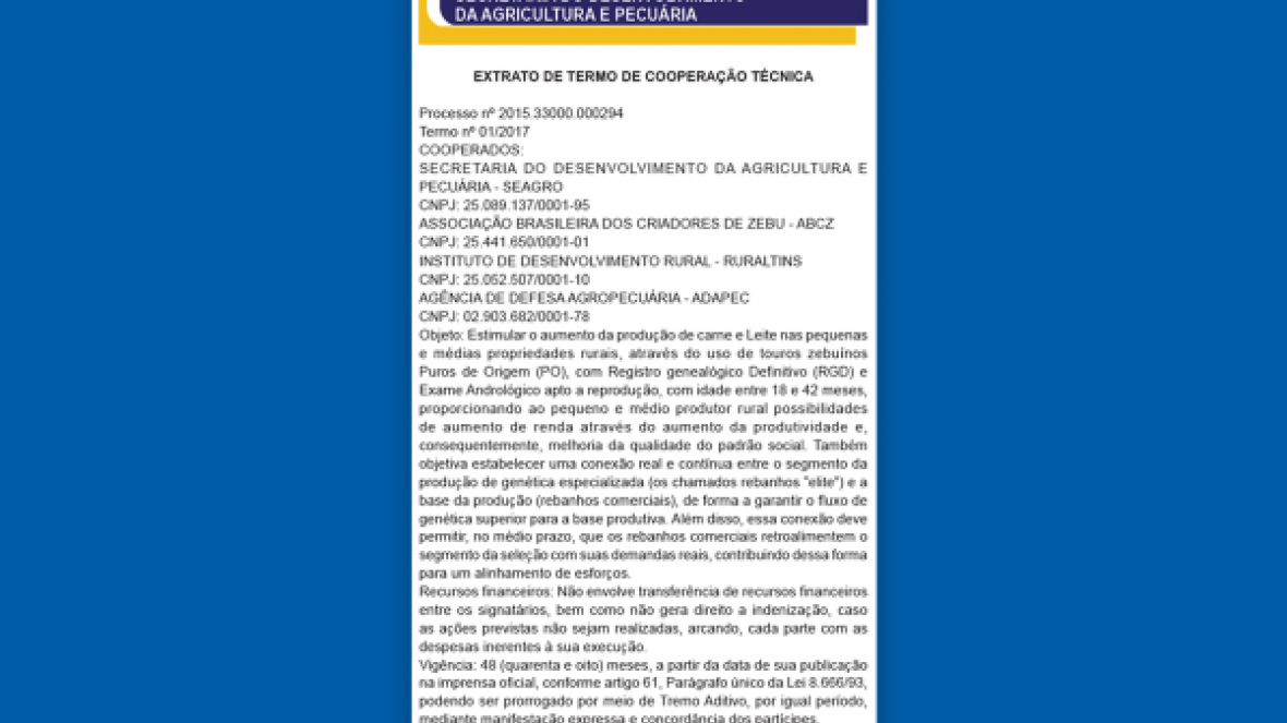 Termo de Cooperação Técnica para implantação do Pró-Genética no TO é publicado em Diário Oficial