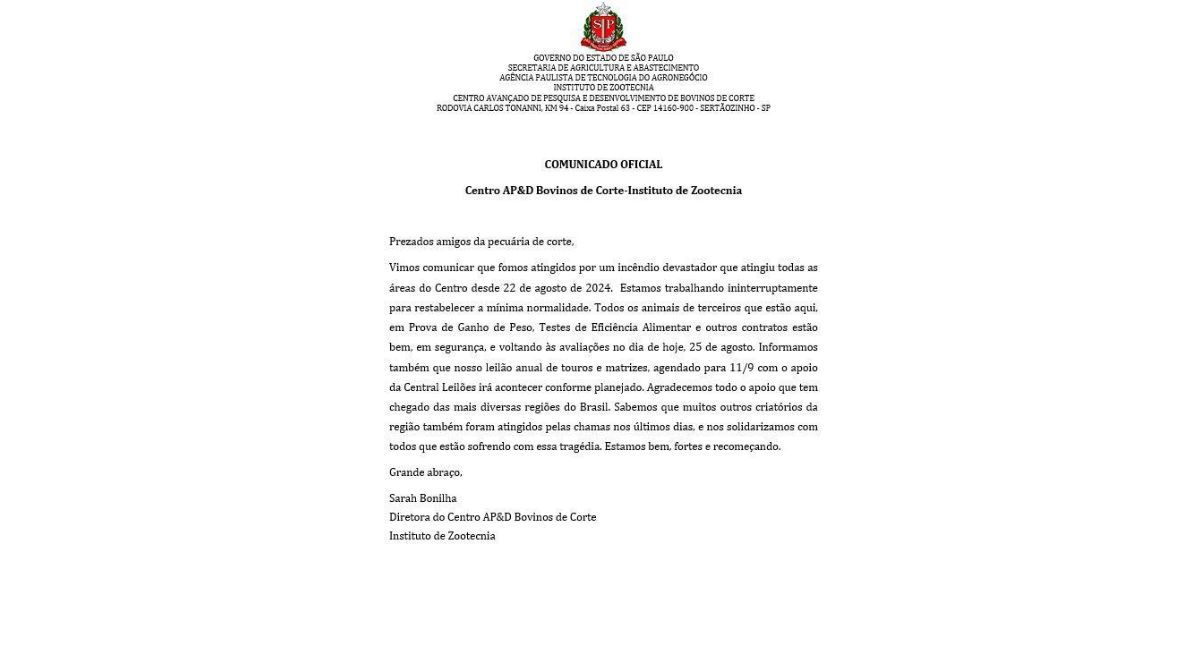 Instituto de Zootecnia de Sertãozinho, em SP, mantém realização de Prova de Ganho de Peso e Testes de Eficiência Alimentar